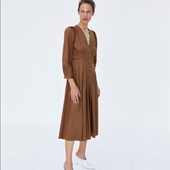 Zara Dresses & Skirts - Zara Pleated Button Down Puff Sleeve Dress
